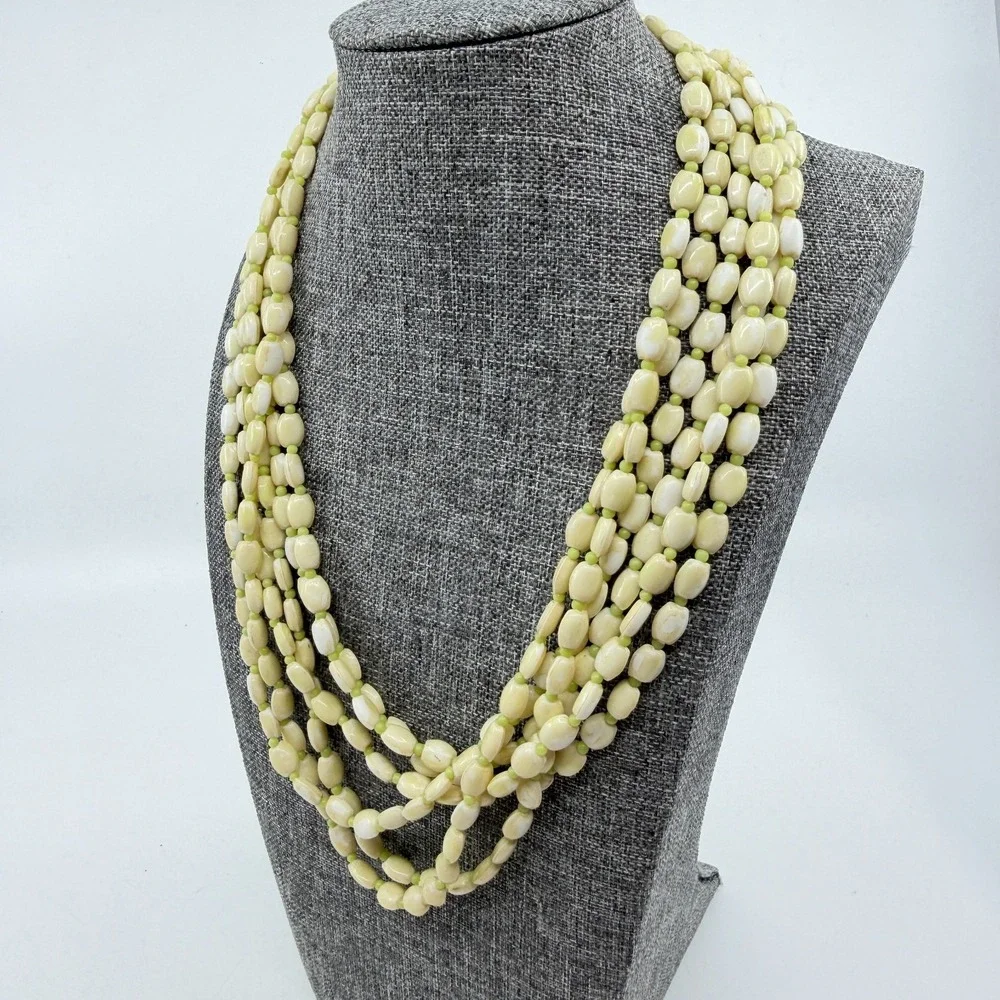 Cream Lime Green Multistrand Beaded Necklace Long Layered Chunky Boho Statement